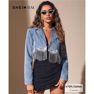 NWOT SHEIN BAE Fringe Trim Crop Denim Jacket Sequin Size Large
